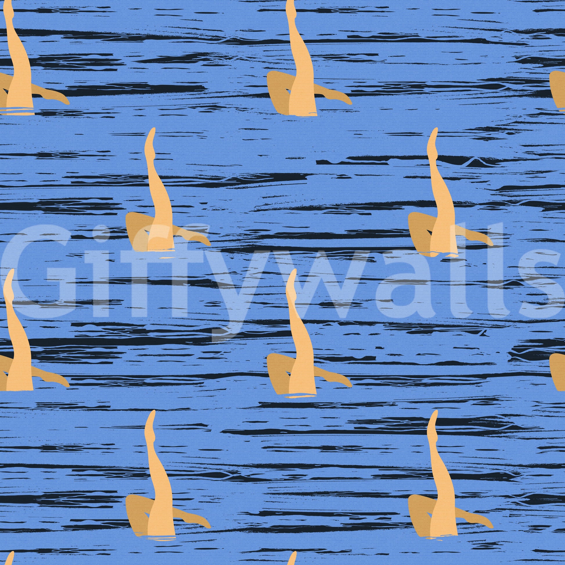 Patterned water rhythms wallpaper combining blue textured waves with soft golden accents.