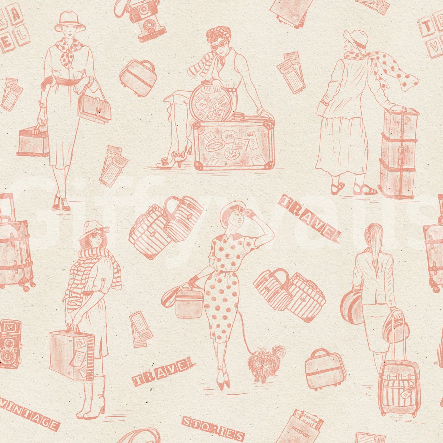Patterned vintage voyage wallpaper featuring stylized travelers and travel gear.