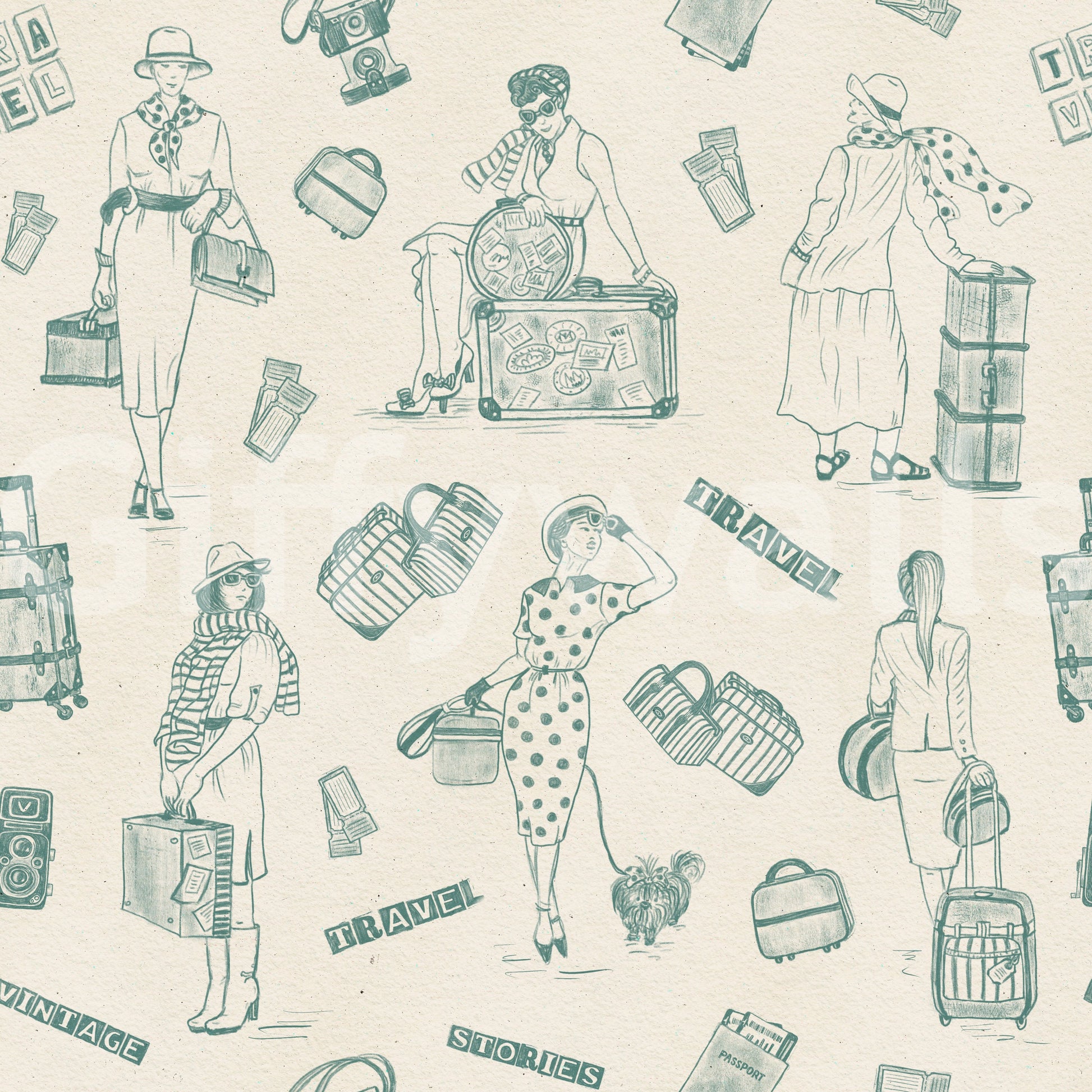 Retro travelogue-themed wallpaper with storytelling-style illustrations.