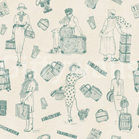 Retro travelogue-themed wallpaper with storytelling-style illustrations.