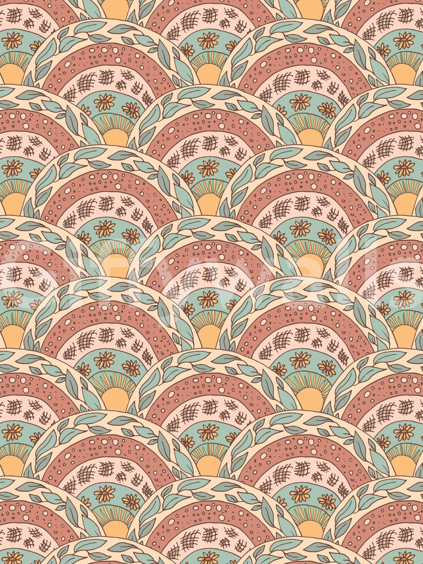 Stylized boho flowers with radiant centers creating a dreamy sunburst effect.