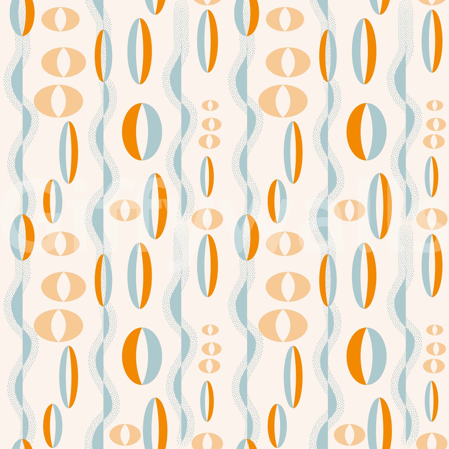 Atomic-inspired wallpaper with bold oval shapes and dotted wave lines for a vintage look.