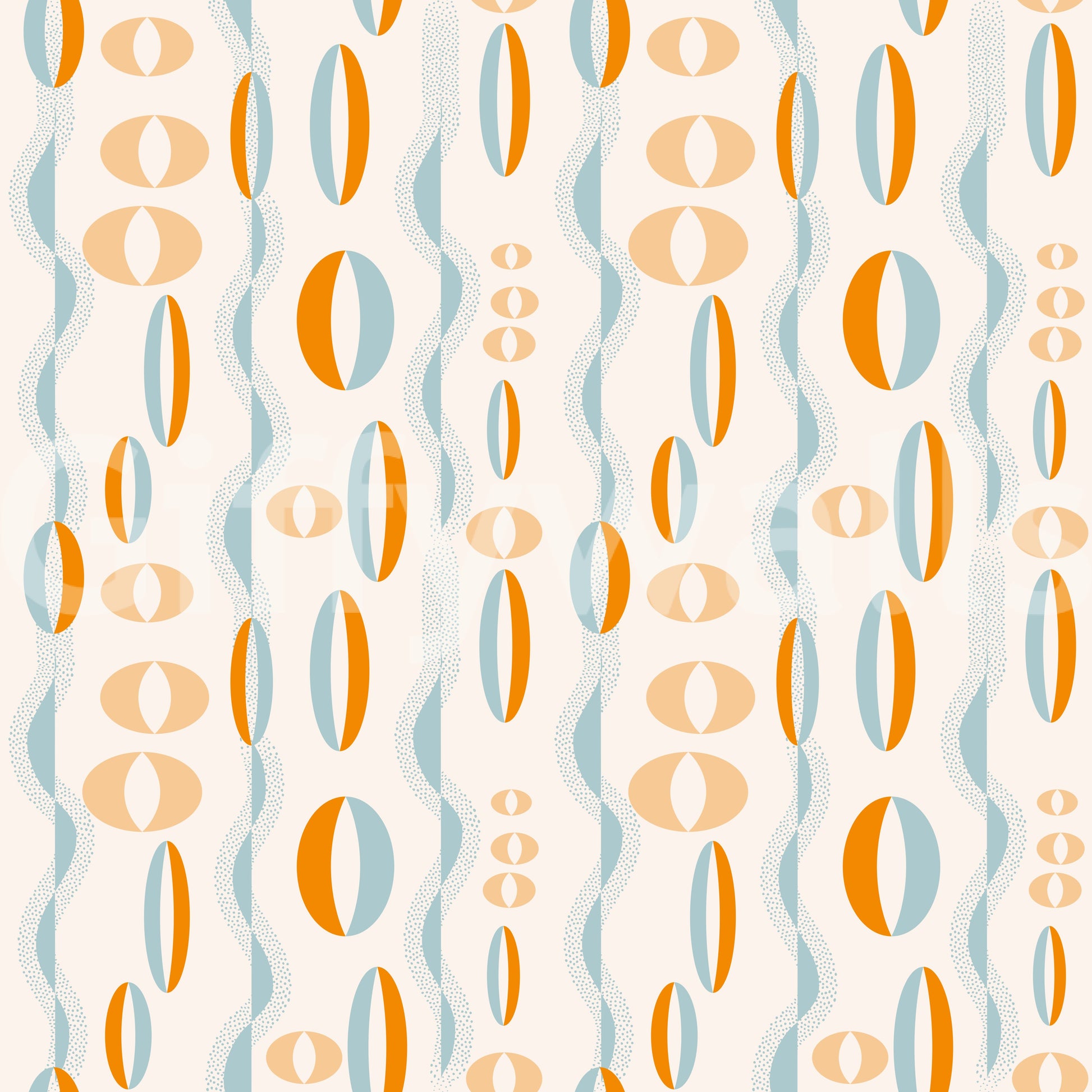 Atomic-inspired wallpaper with bold oval shapes and dotted wave lines for a vintage look.
