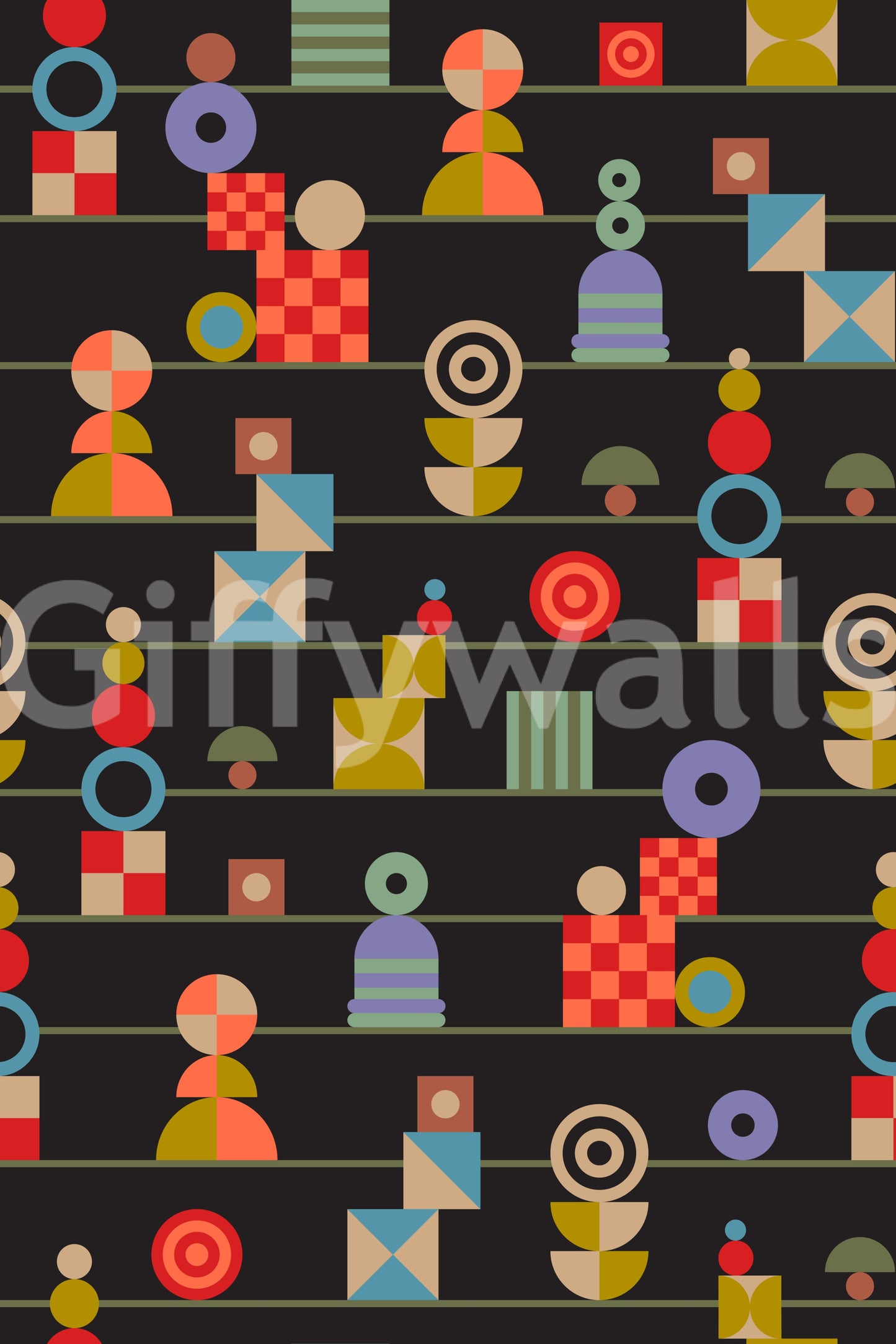 Charcoal wallpaper patterned with bright stacked geometric symbols for a fun mid-century feel.