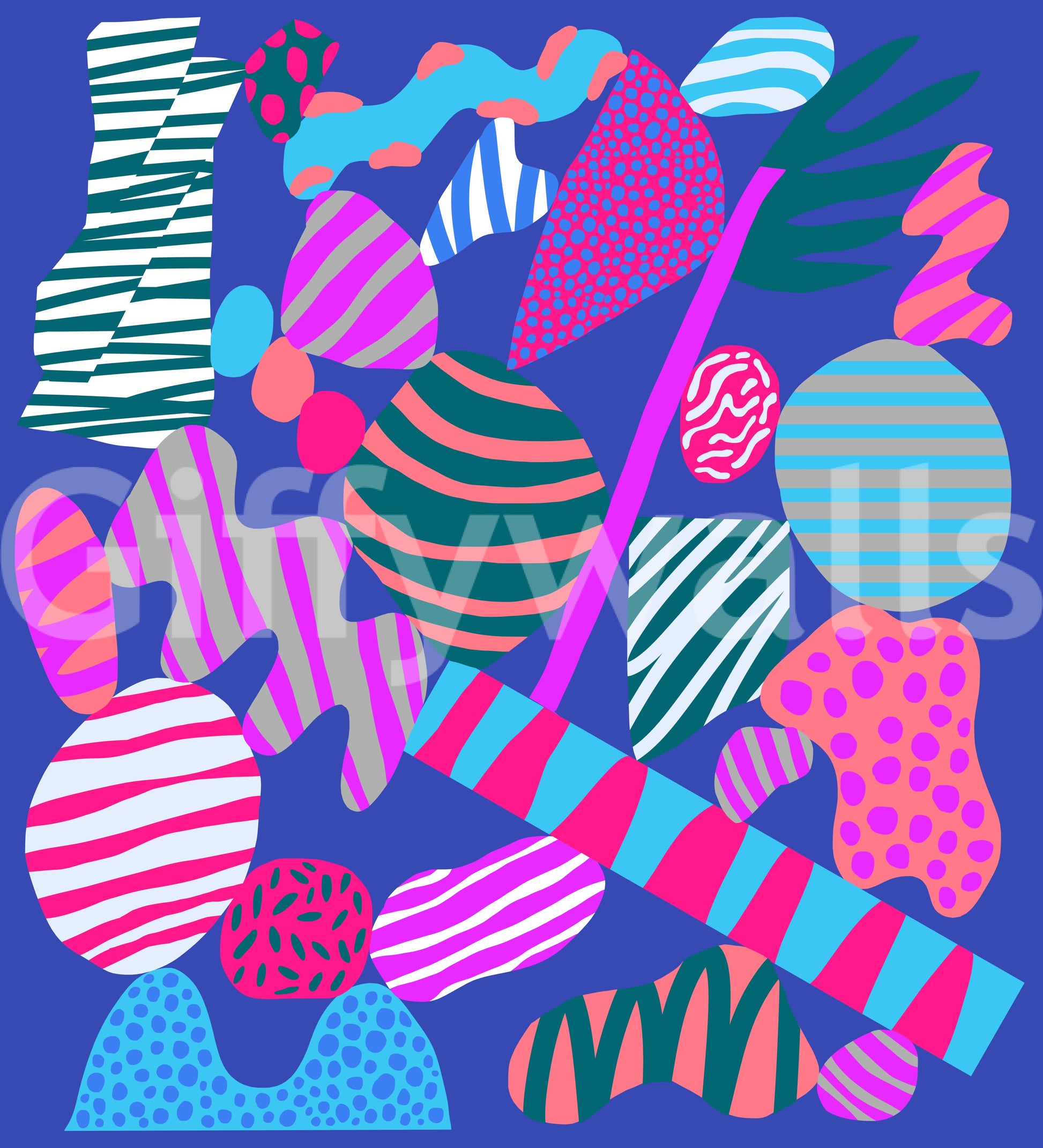 A modern groovy wallpaper mixing stripes, dots, and organic shapes in energetic multicolored tones.