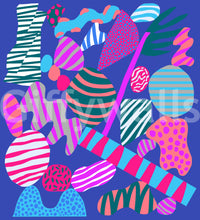 A modern groovy wallpaper mixing stripes, dots, and organic shapes in energetic multicolored tones.