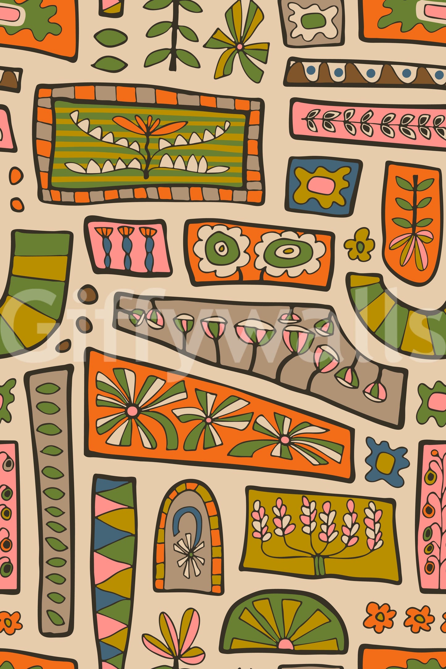 Retro earth-tone blocks with flowers, symbols, and geometric shapes forming a lively patchwork wallpaper.