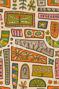 Retro earth-tone blocks with flowers, symbols, and geometric shapes forming a lively patchwork wallpaper.