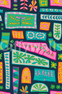 A striking patchwork wallpaper blending retro floral motifs with bold geometric color panels.