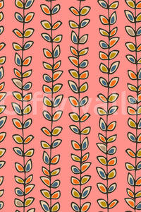 A nostalgic retro wallpaper featuring upward-climbing vines with multicolored leaves on a pink base.