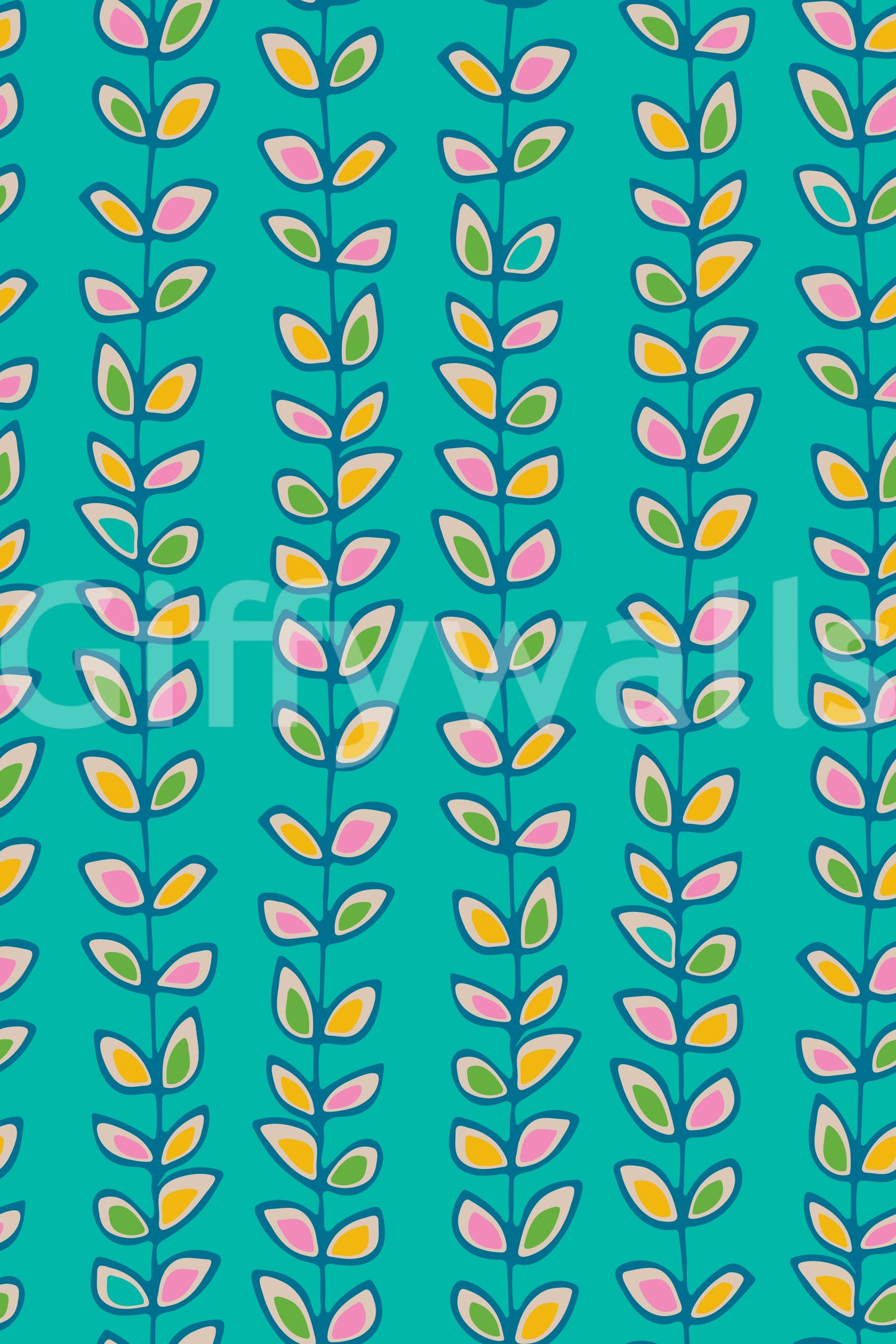 A lively retro leaves wallpaper with upward-growing vines standing out against a bold turquoise base.