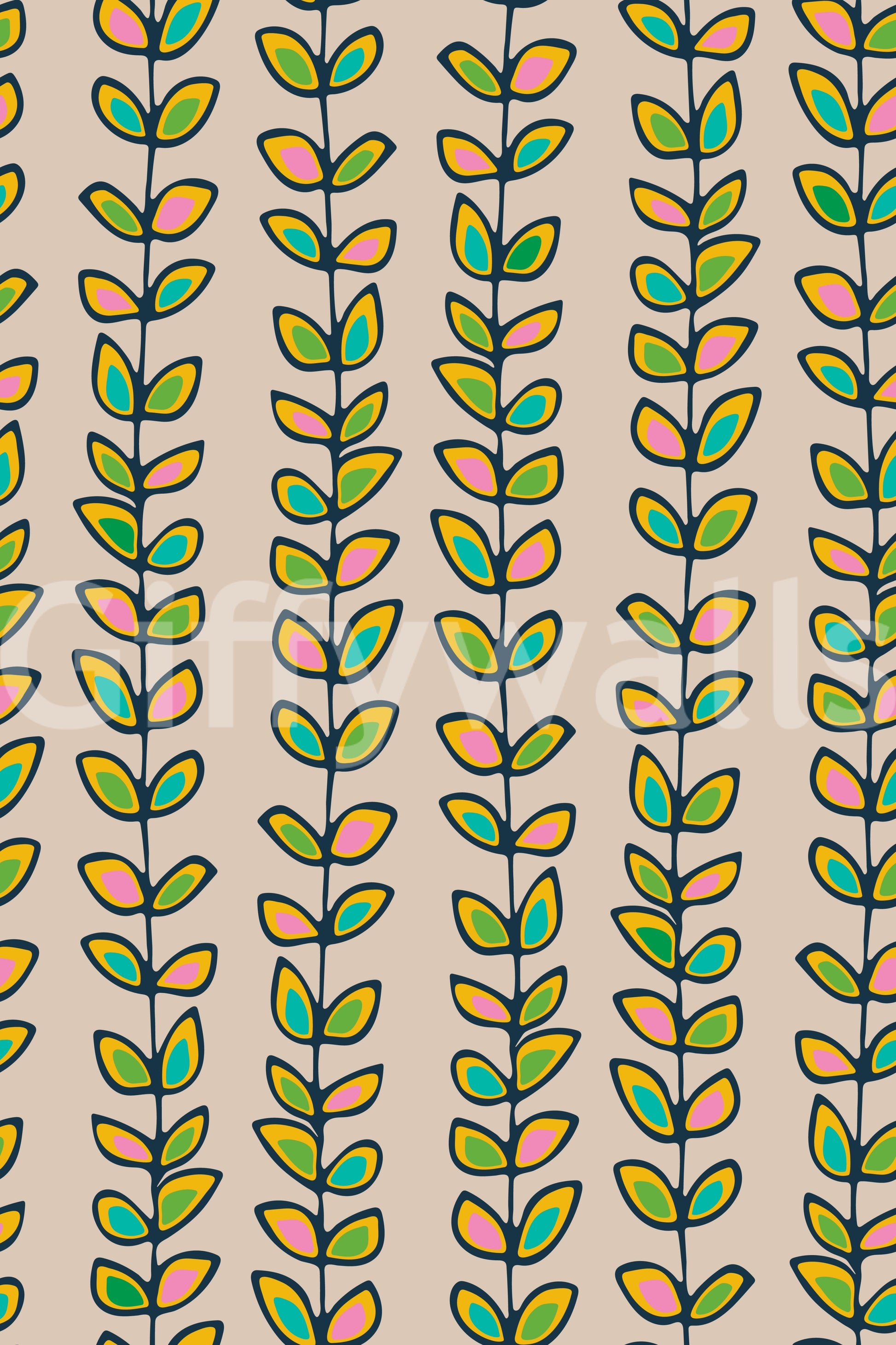 A charming botanical retro wallpaper with upward-growing vines and pastel leaves against an off-white backdrop.