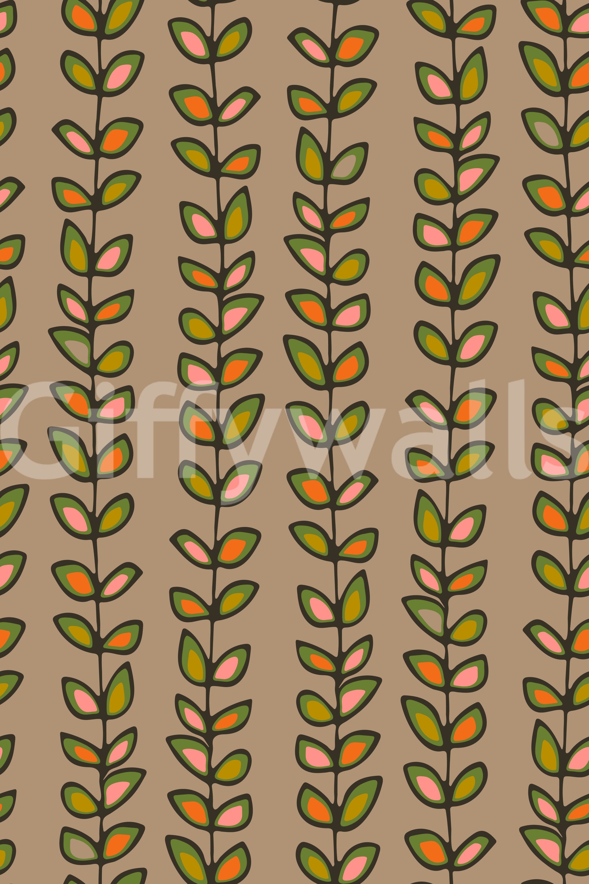 Warm beige wallpaper decorated with playful retro leaves arranged in tidy upward vine patterns.