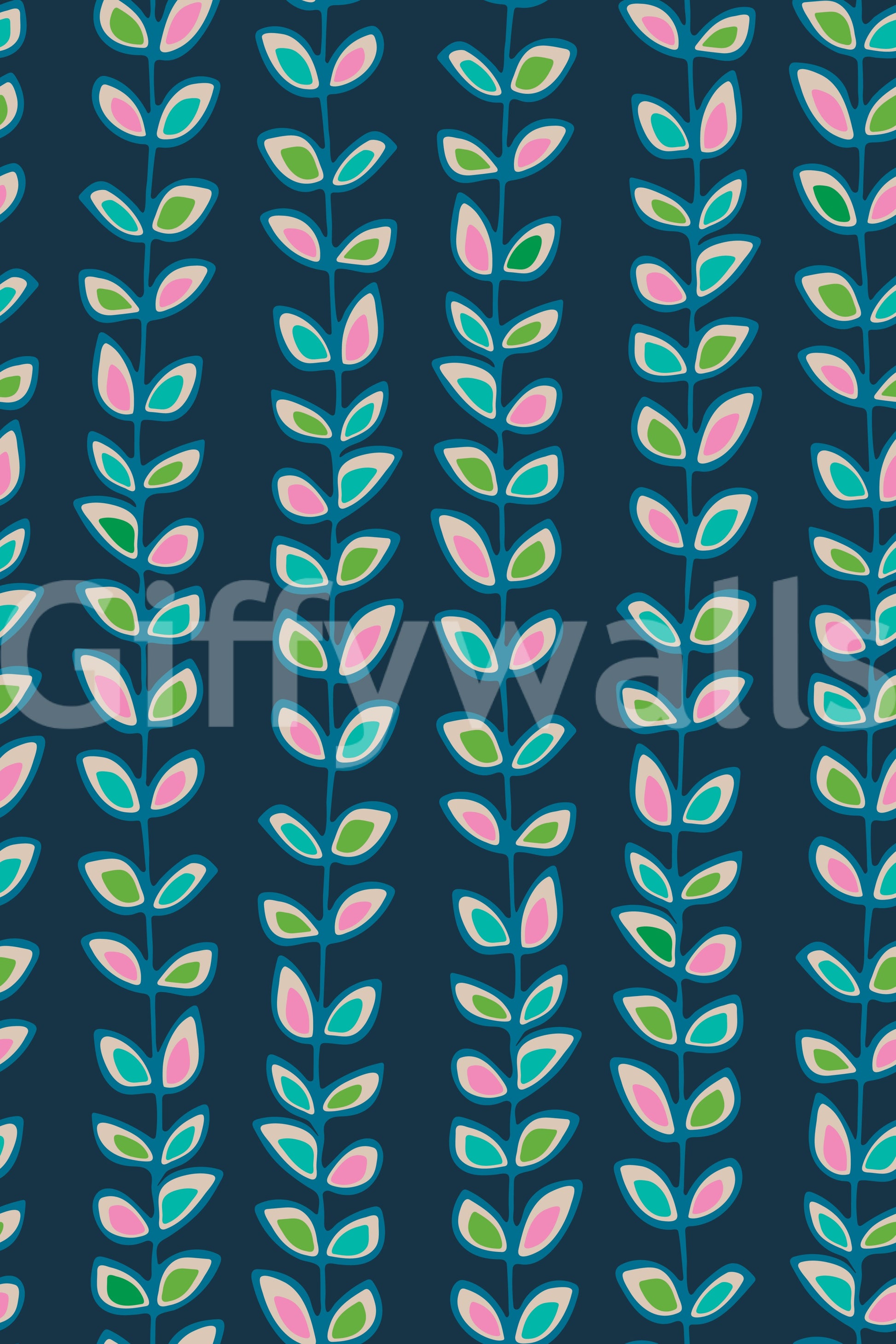 A lively retro leaves wallpaper with soft pastel tones standing out against a rich navy backdrop.