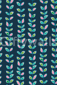 A lively retro leaves wallpaper with soft pastel tones standing out against a rich navy backdrop.