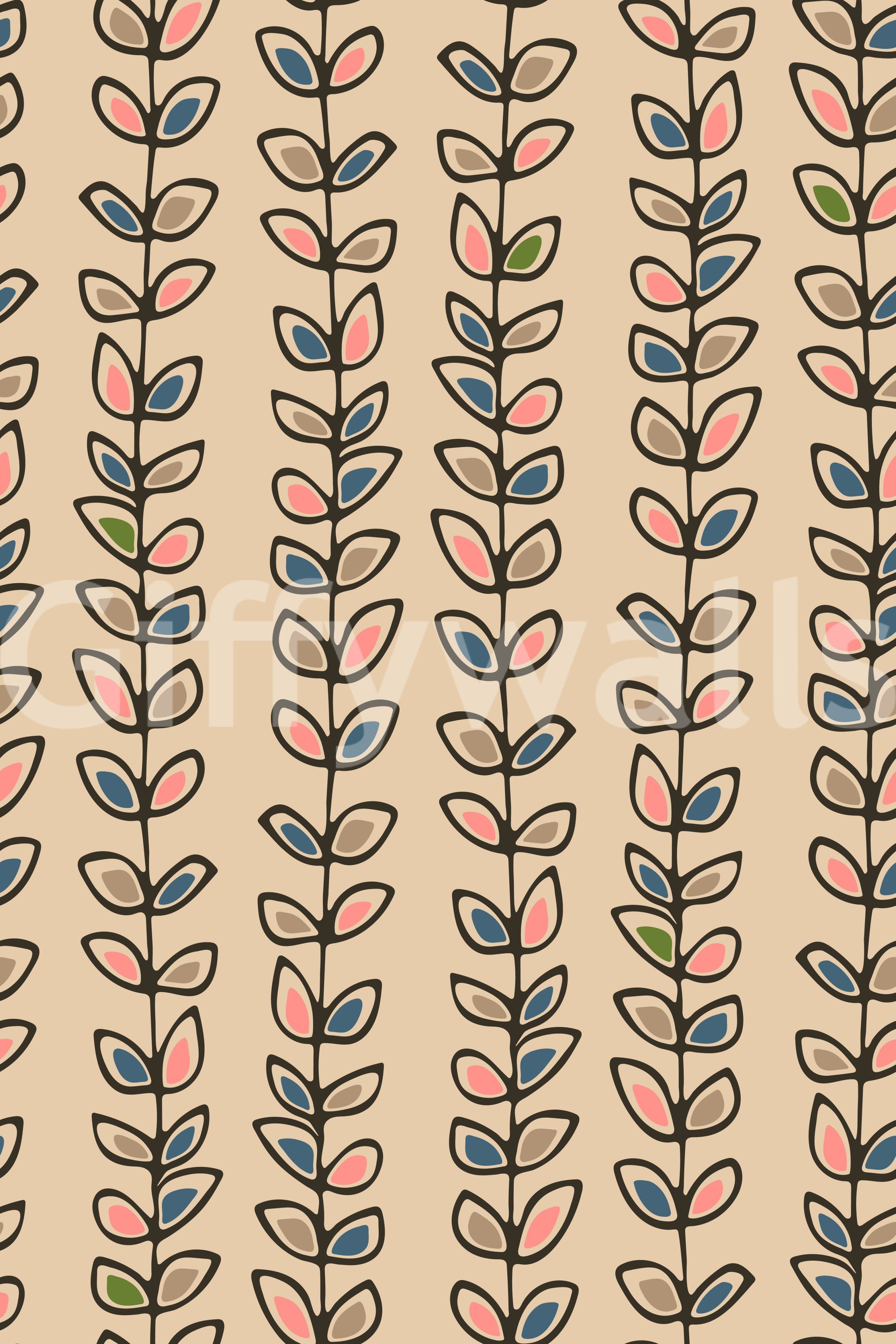 A charming retro leaf wallpaper featuring upward-growing vines in evenly spaced stripes.