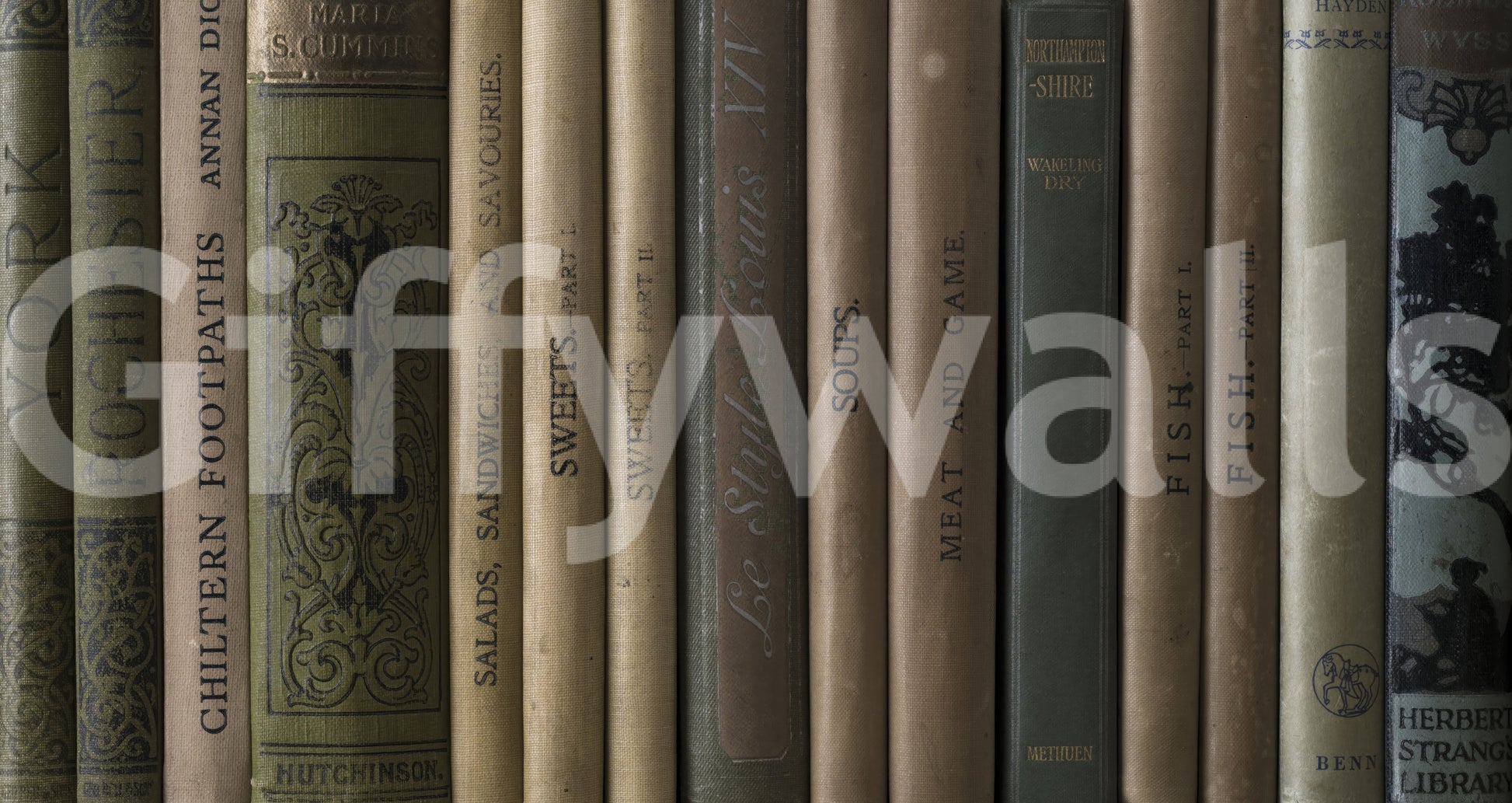 Antique literature mural displaying distressed book covers and ornate spine designs.