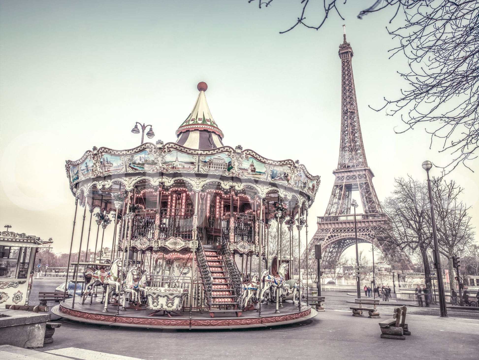 Whimsical Paris Mural Beautiful nostalgic image of a spinning amusement structure.