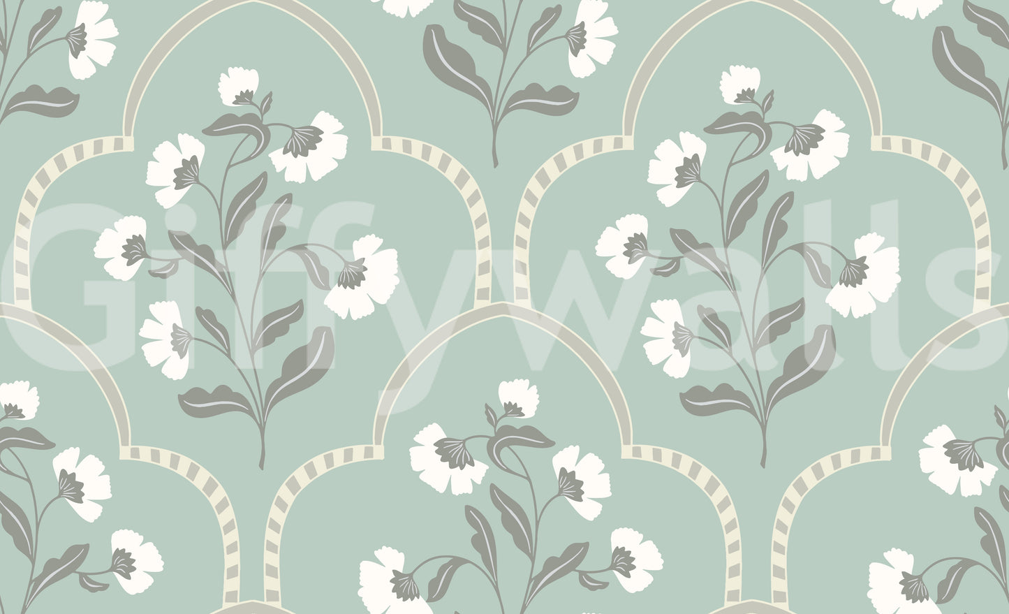 Elegant botanical wallpaper, decorative arches, soft pastel tones.