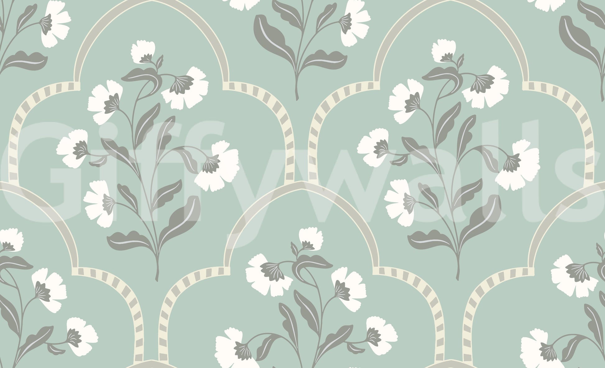 Elegant botanical wallpaper, decorative arches, soft pastel tones.