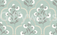 Elegant botanical wallpaper, decorative arches, soft pastel tones.