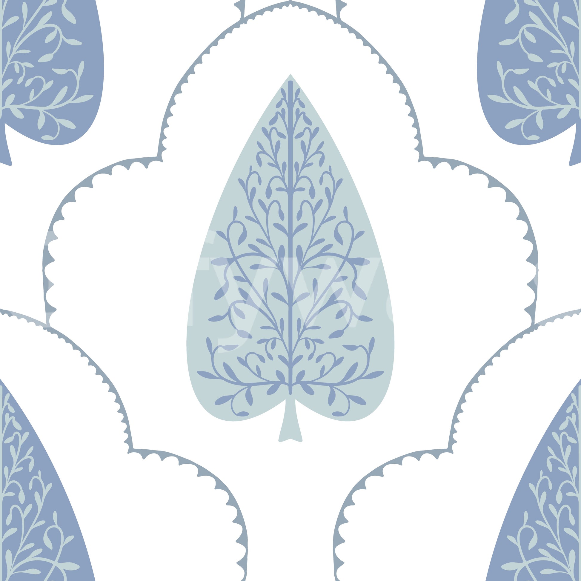 Scalloped Blue Botanic Arbor mural, repeating geometric frame.