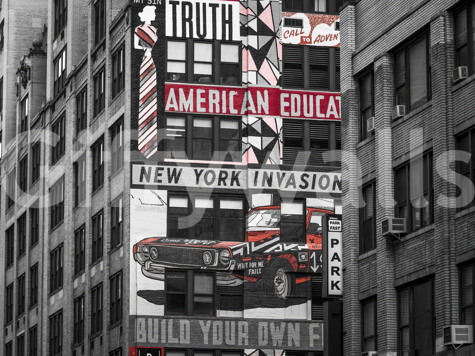 NYC street view, vintage-inspired vehicle graphic, compelling Retro City Murals print.