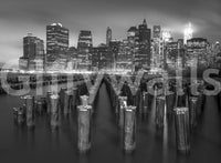 Powerful urban NYC Noir statement wallpaper, atmospheric nighttime view.