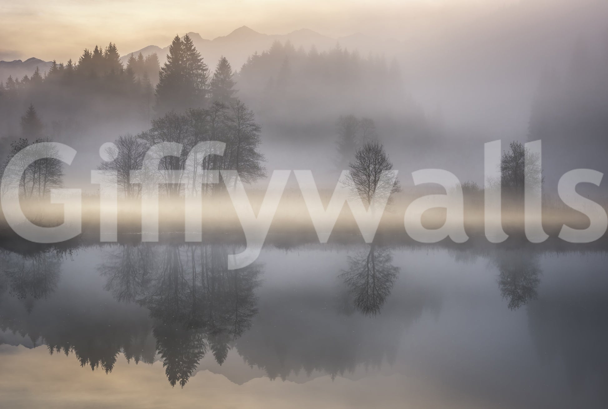 Picturesque Dawn Reflection, harmonious scene, whispering mist, wallpaper for walls.