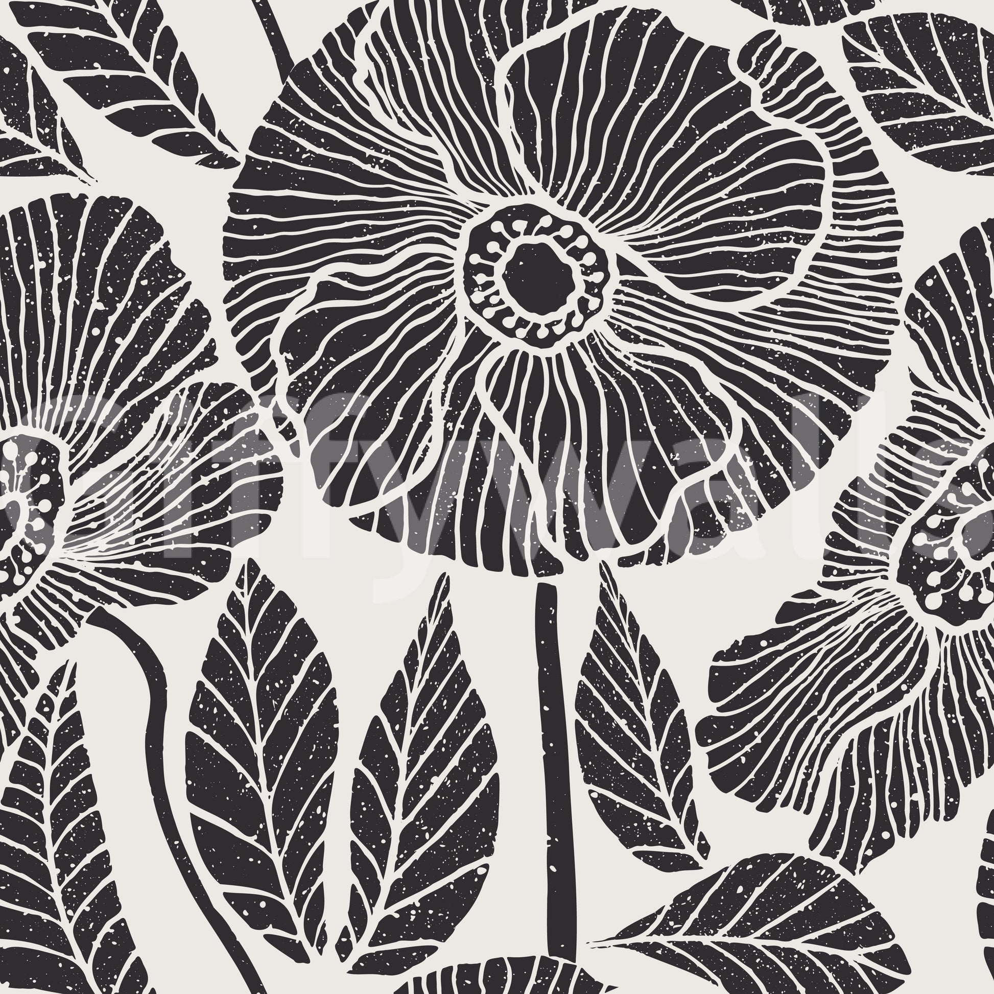 Scandinavian black-white Poppy Meadow wallpaper print, subtle grain texture.