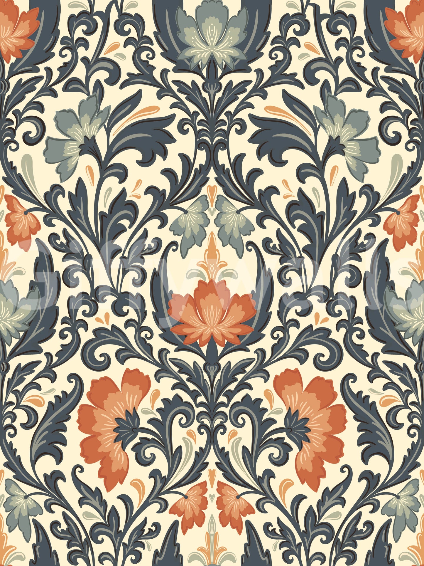 Custom wall covering, Timeless Floral Opulence product, dramatic color palette.