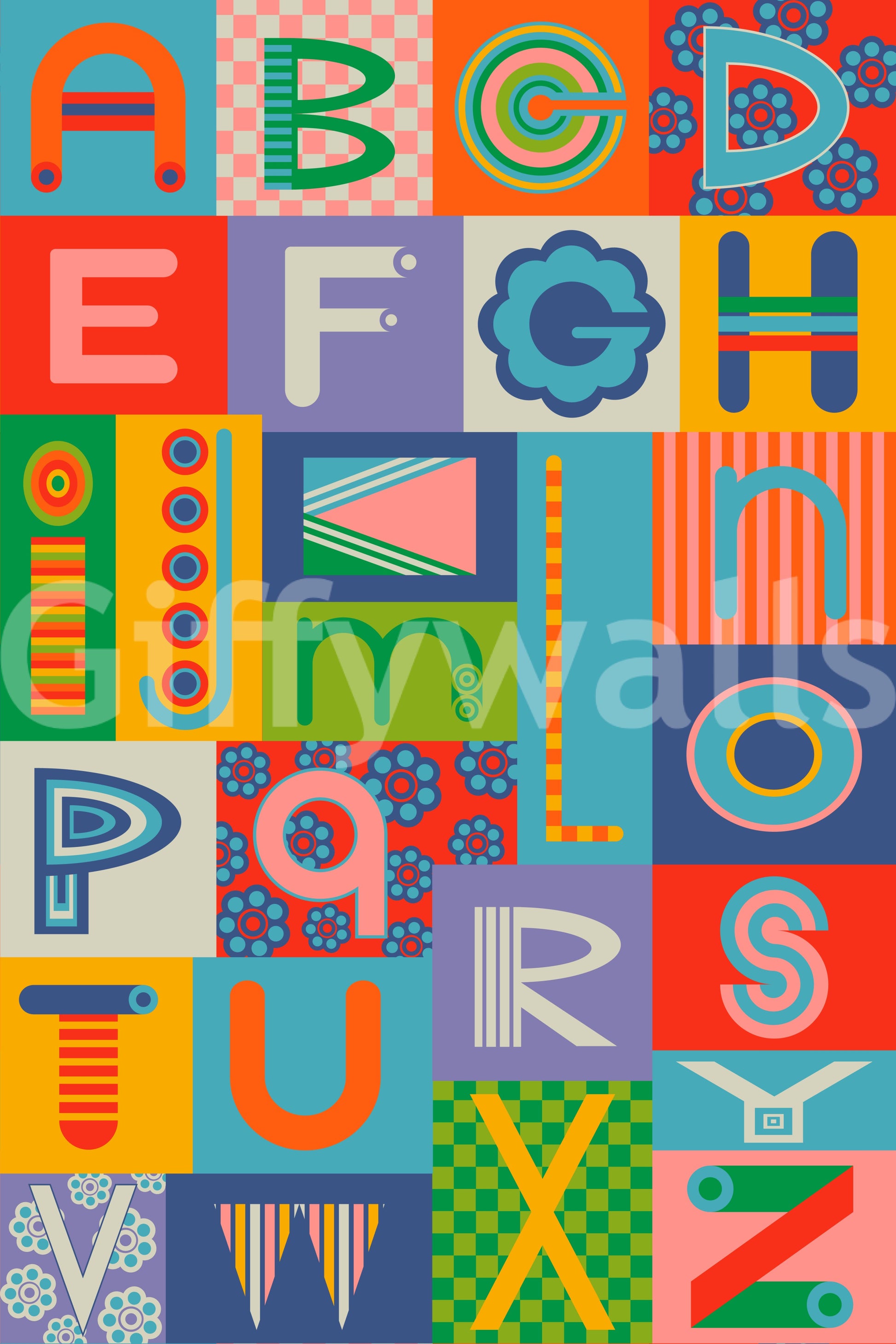 Lettering Rainbow Brights alphabet blocks graphic illustration.