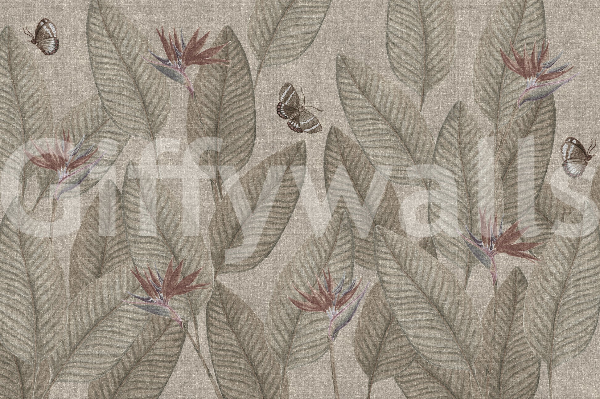 Botanical textured wall mural, Jungle Life Muted pattern, elegant nature inspired design.