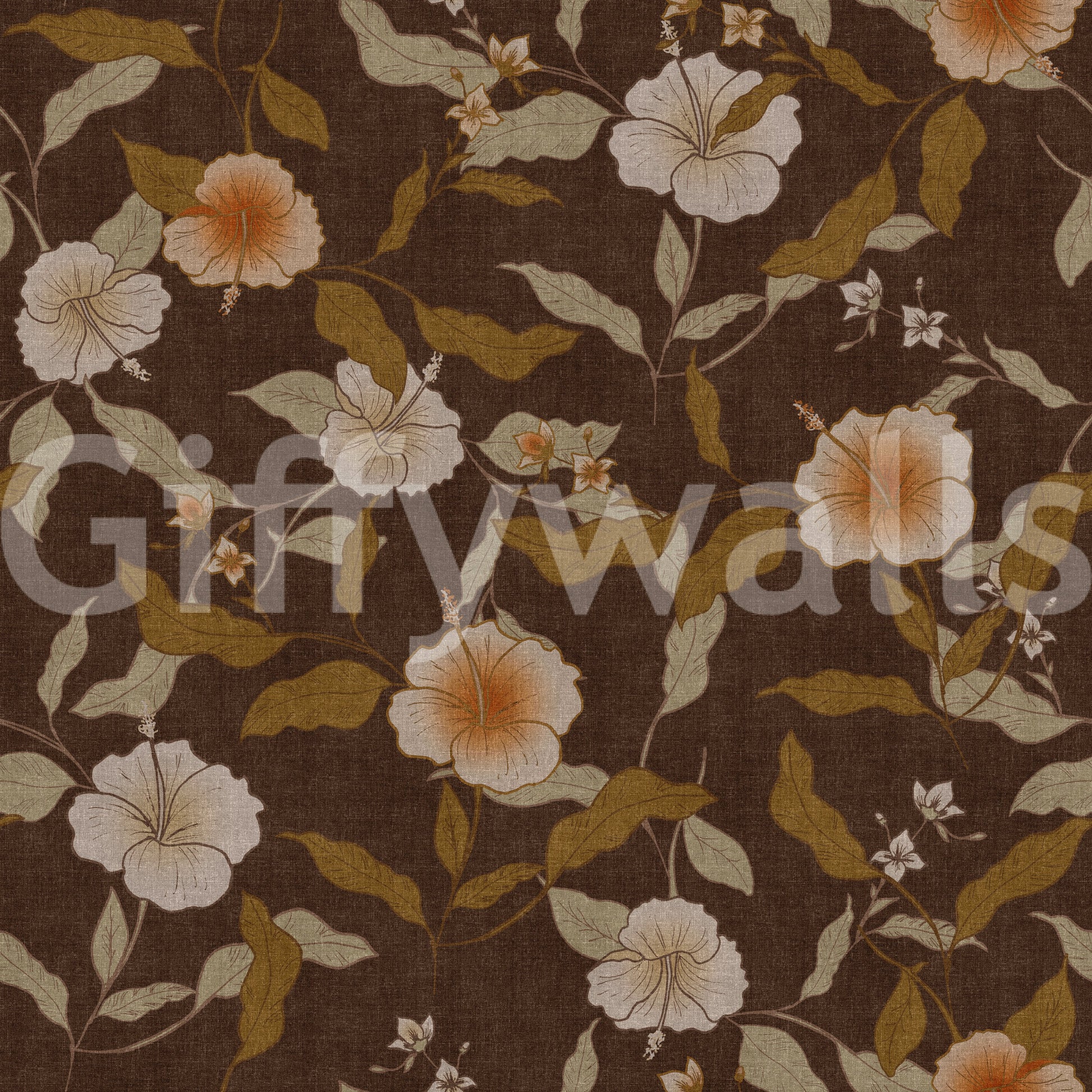 Symmetrical organic effect Faded Tropical Floral brown wallpaper.