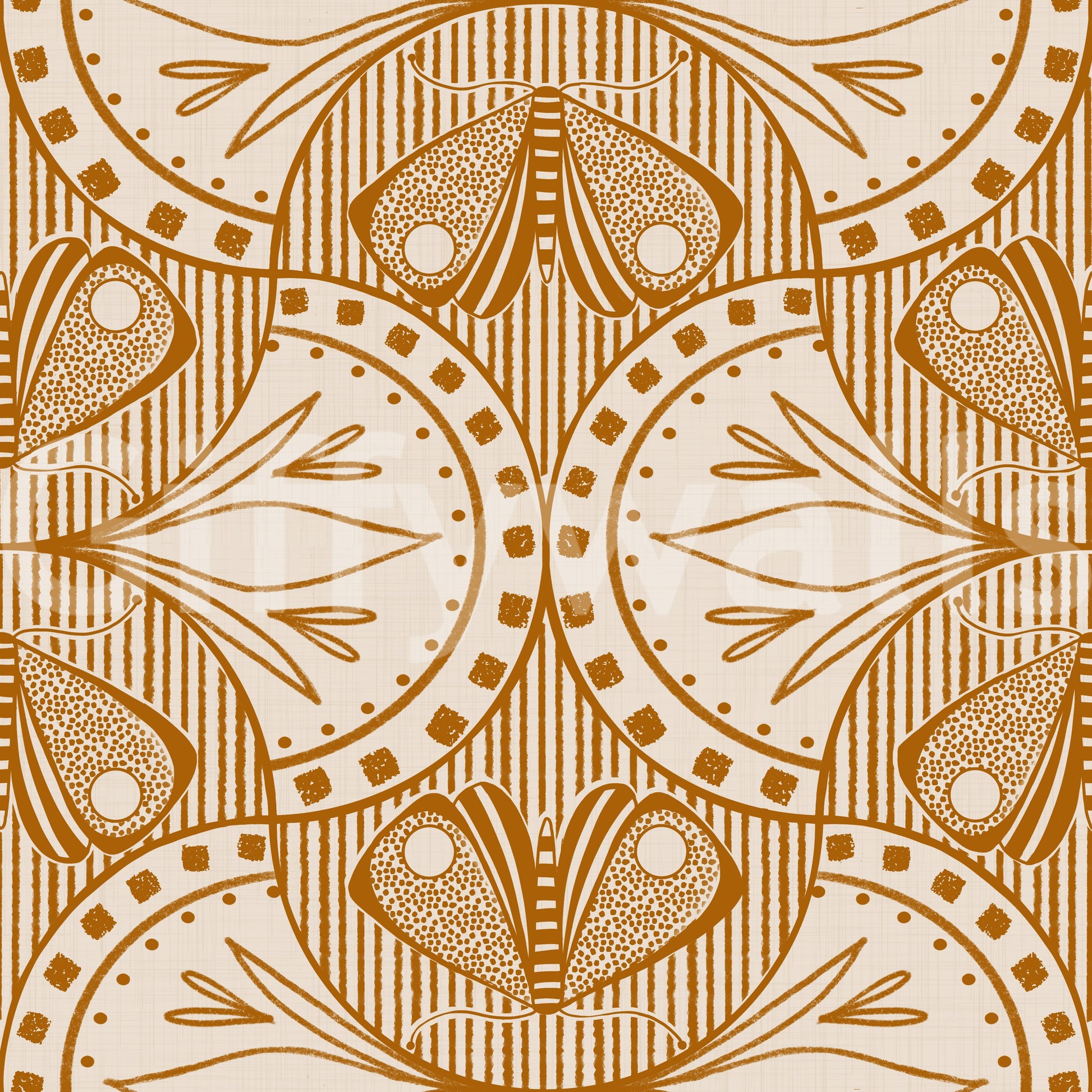 Orange Art Nouveau Butterfly Floral repeating pattern rich colors.