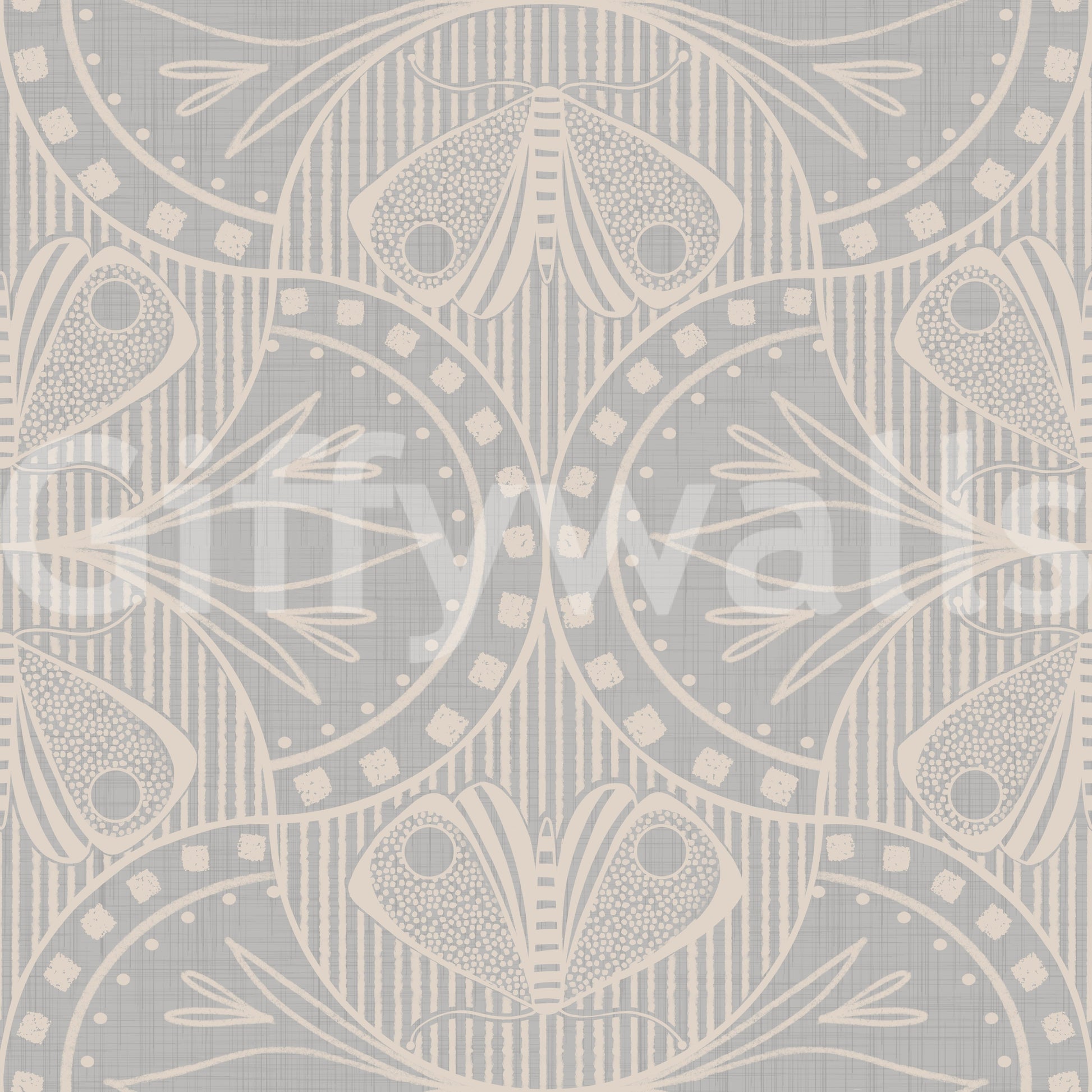 Classic period wallpaper for walls, gentle curving geometry, elaborate grey tone.