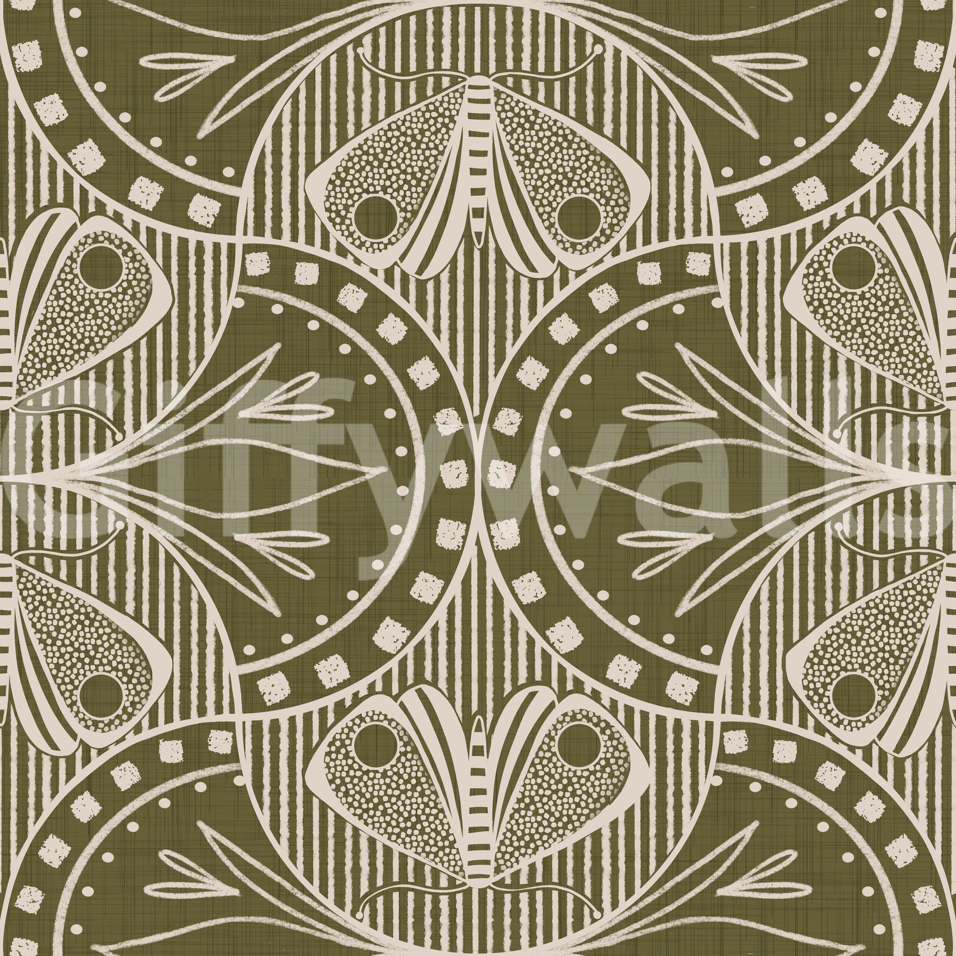 Artistic butterfly and vine wallpaper, curvilinear lines, striking sage hue.