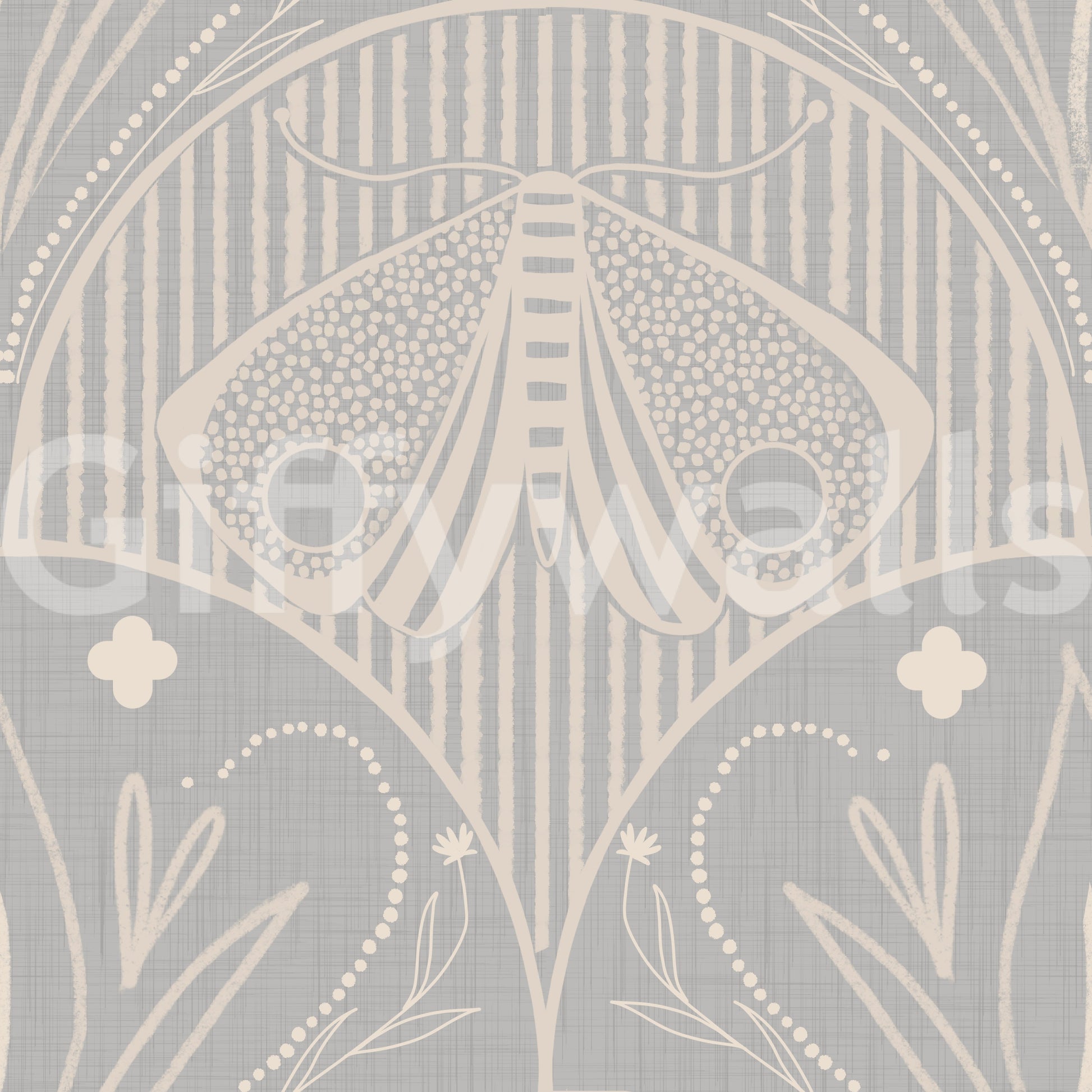 Abstract moth floral wallpaper textured light grey boho pattern.
