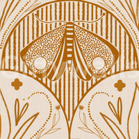 Boho Art Nouveau wallpaper for walls, rust color, abstract insect, textured linen look.