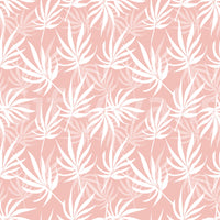 Subtle Tropical Blush wallpaper decor white fan palm silhouettes.