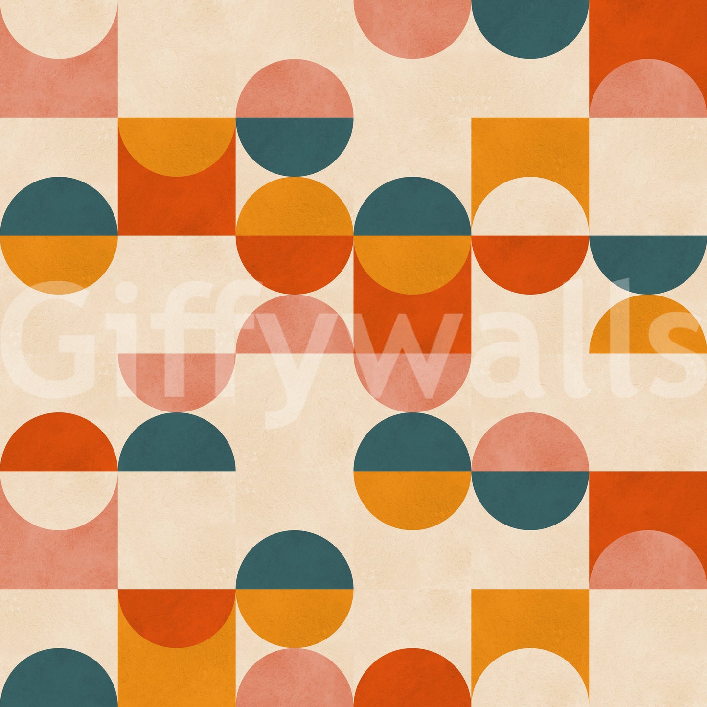 Balance Act wallpaper: interlocking semicircles and squares on creamy tan background.