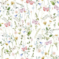 Soft pastel wall mural, featuring blooming meadow plants and delicate butterflies.