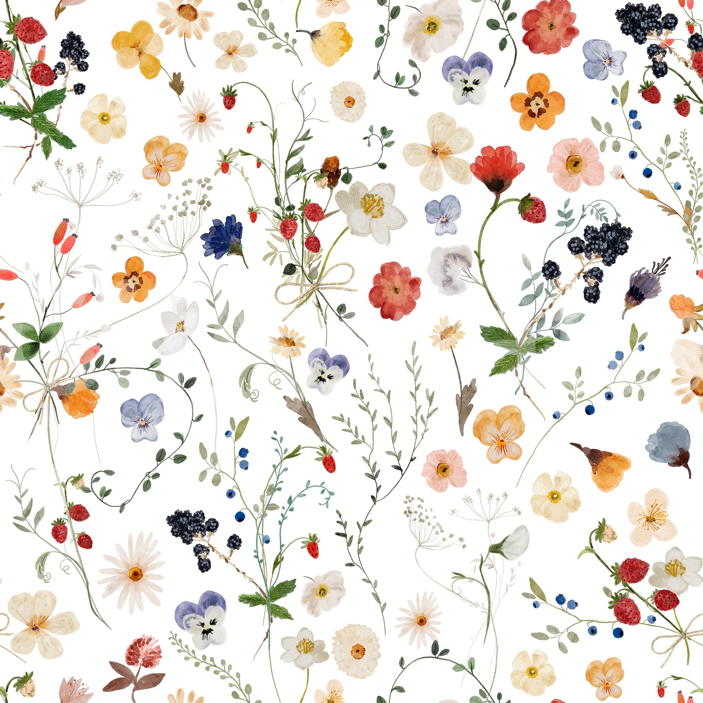 Peaceful Wildflower scene whimsical floral paper meadow wallpaper.