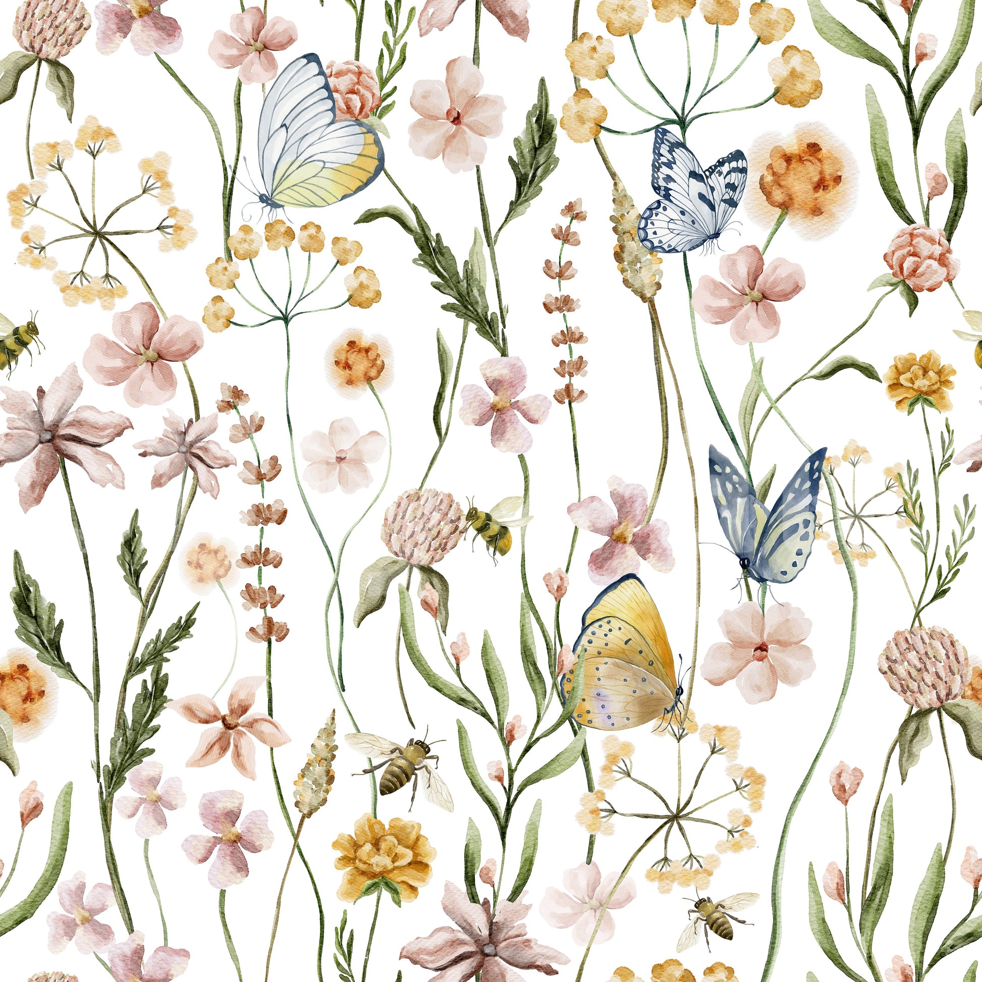Designer Wildflower Whispers mural, artistic illustration of flora and fauna.