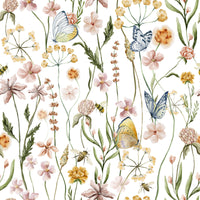 Designer Wildflower Whispers mural, artistic illustration of flora and fauna.
