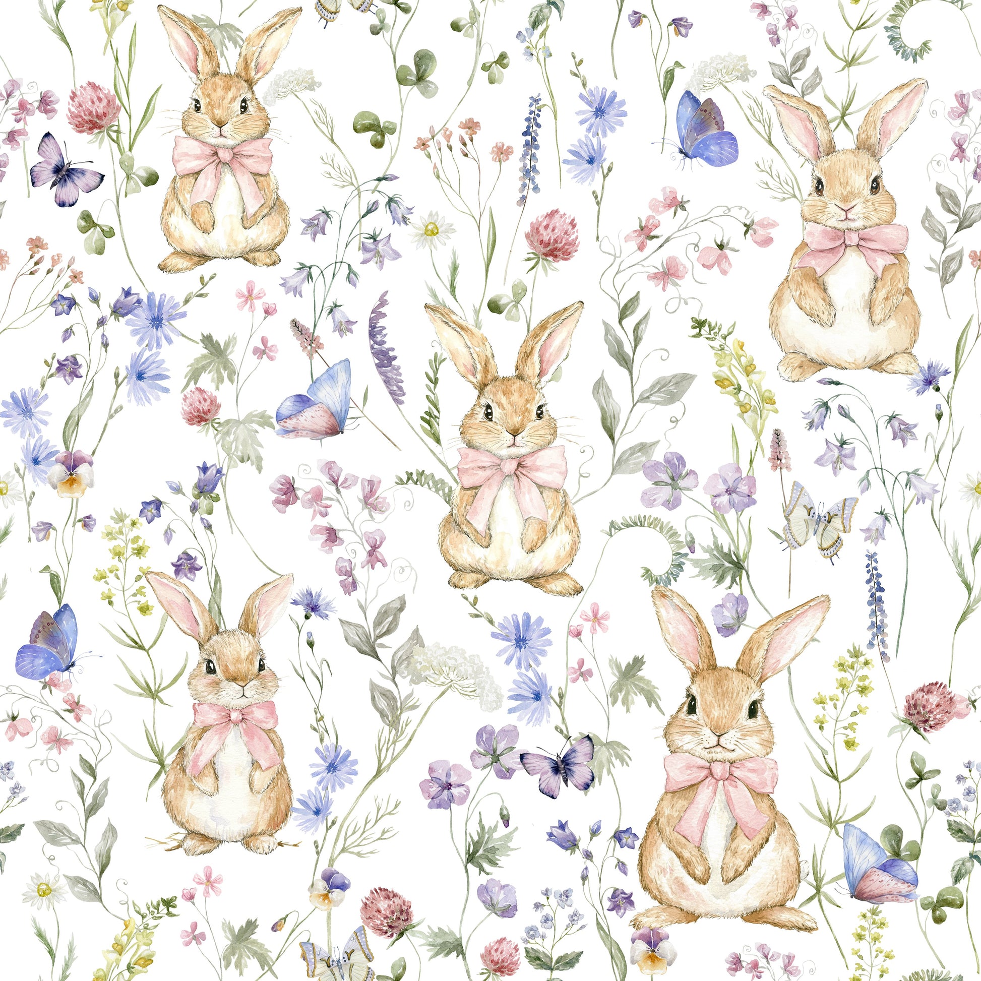 Beautiful Floral Bunny Bliss wall paper, featuring a delicate floral arrangement.