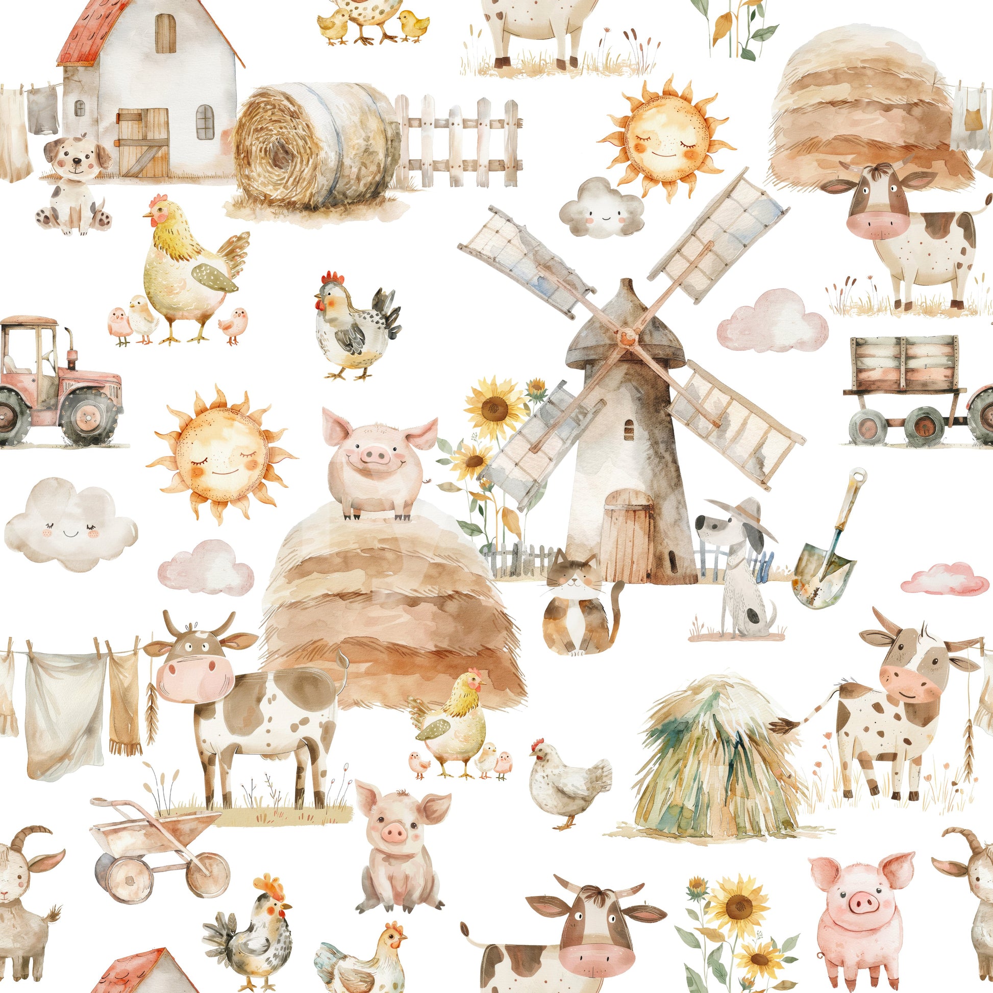 Pastoral Watercolor Farm Fun wallpaper, rustic barn, fluffy clouds.