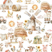 Pastoral Watercolor Farm Fun wallpaper, rustic barn, fluffy clouds.