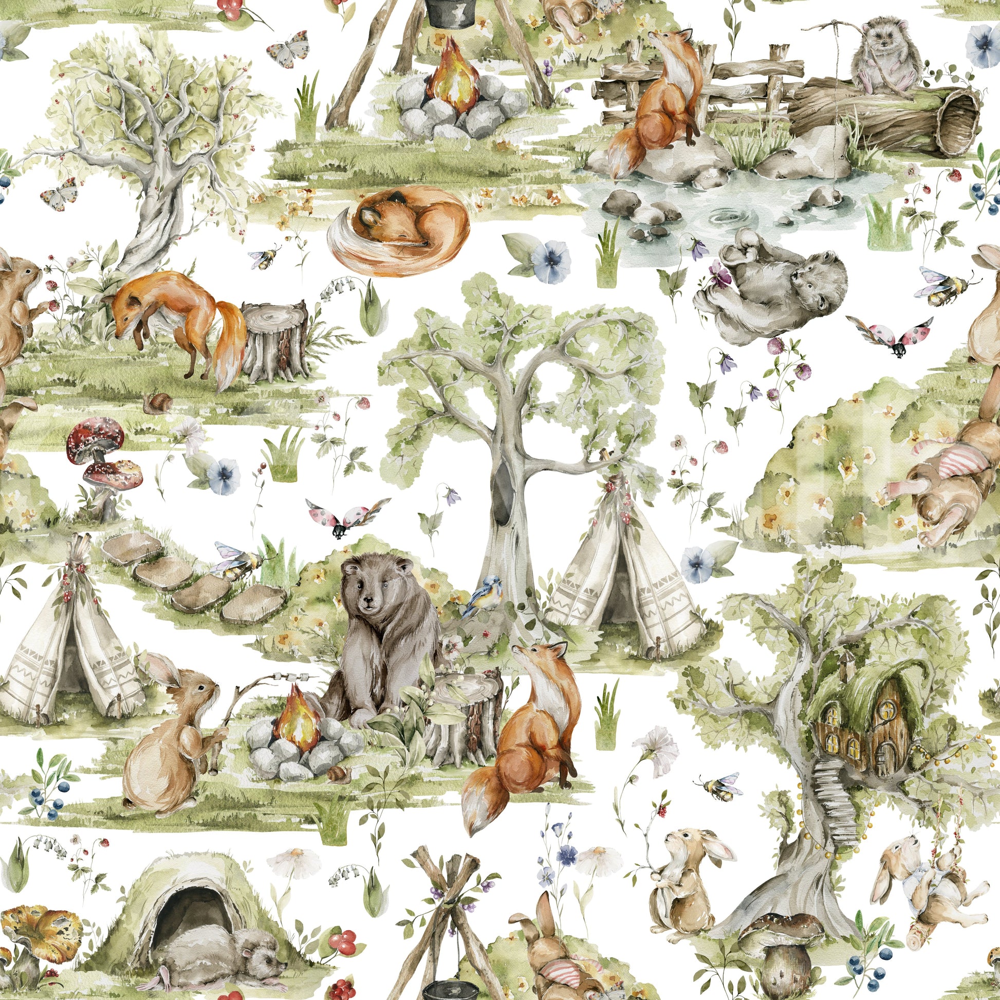 Nursery decor Woodland Wonders wallpaper: Gentle forest scene, peaceful creatures.