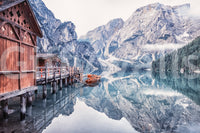 Breathtaking snowy peaks Lago di Braies Reflection scenic wallpaper